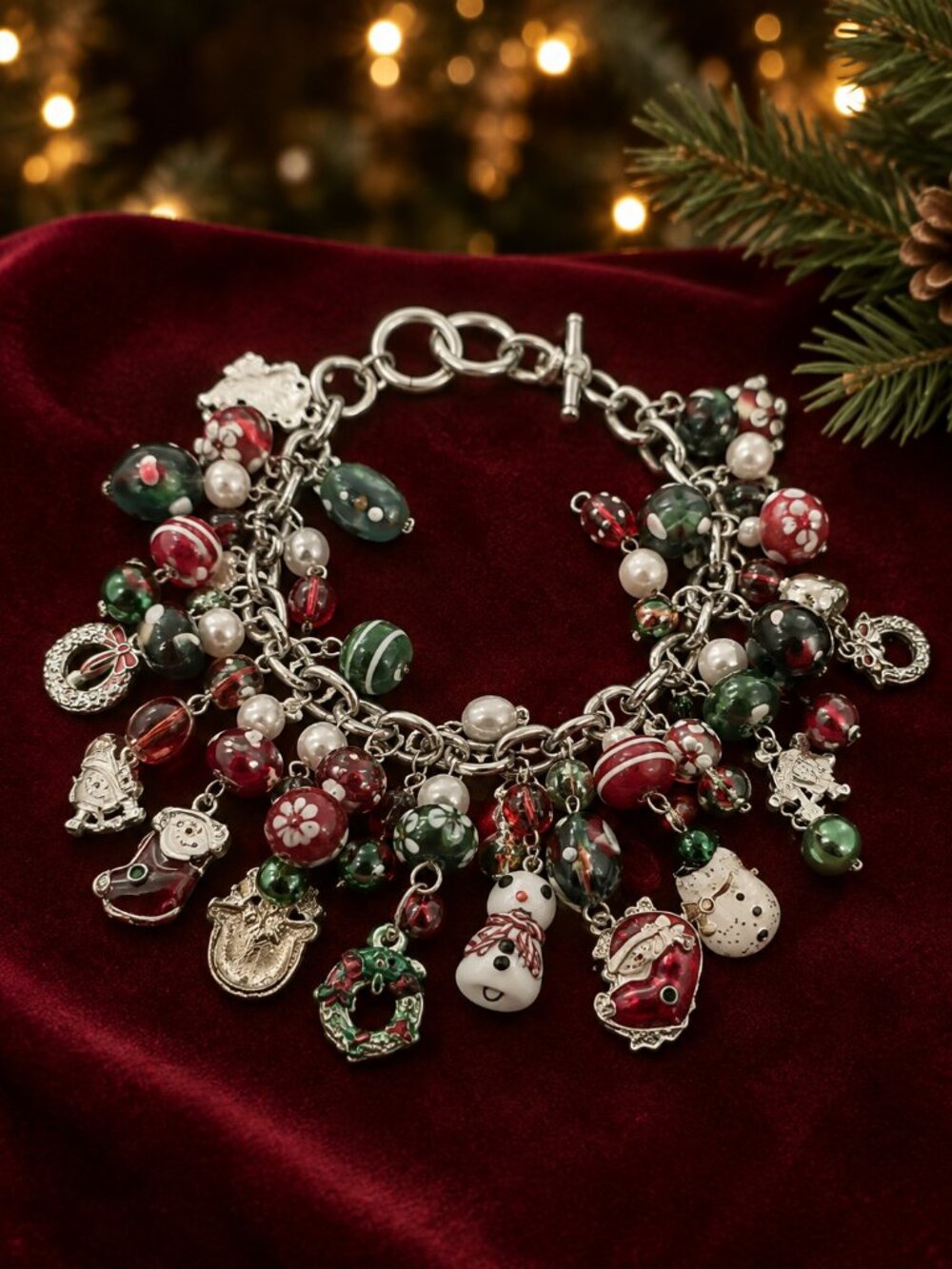 Silver Tone Christmas Charm Bracelet | Pearls & Lampwork Glass |  Adjustable